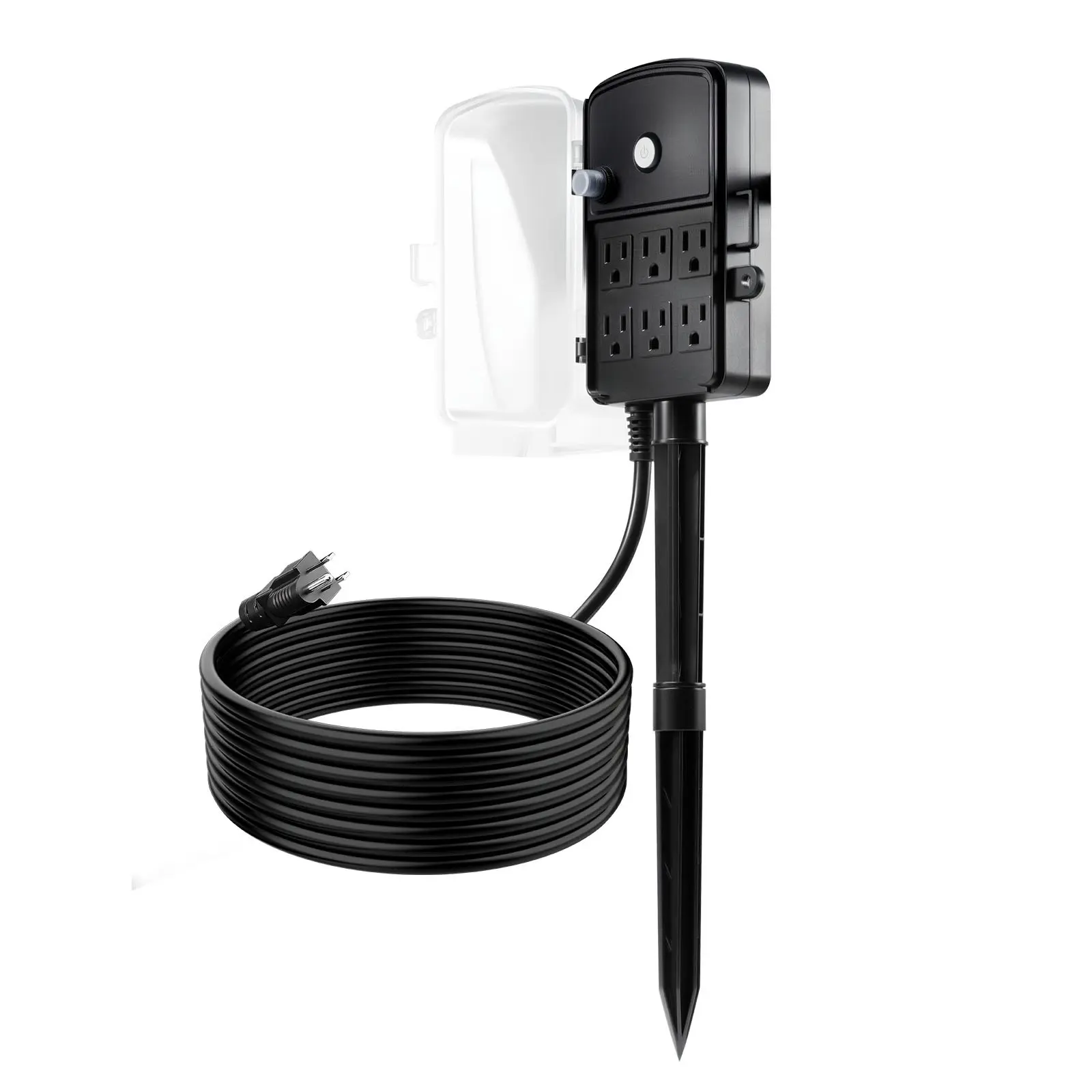 【Summerfinds】VEVOR Outdoor Ground Mount Power Stake, 15 FT Cord, Weatherproof 6-Outlet Power Strip with Cover, 15A/1875W PC Housing, Overload Protection, Multi-Outlet Plug for Christmas Lights & Devices, Water Proof Black Cord, Cable, Yard Stake