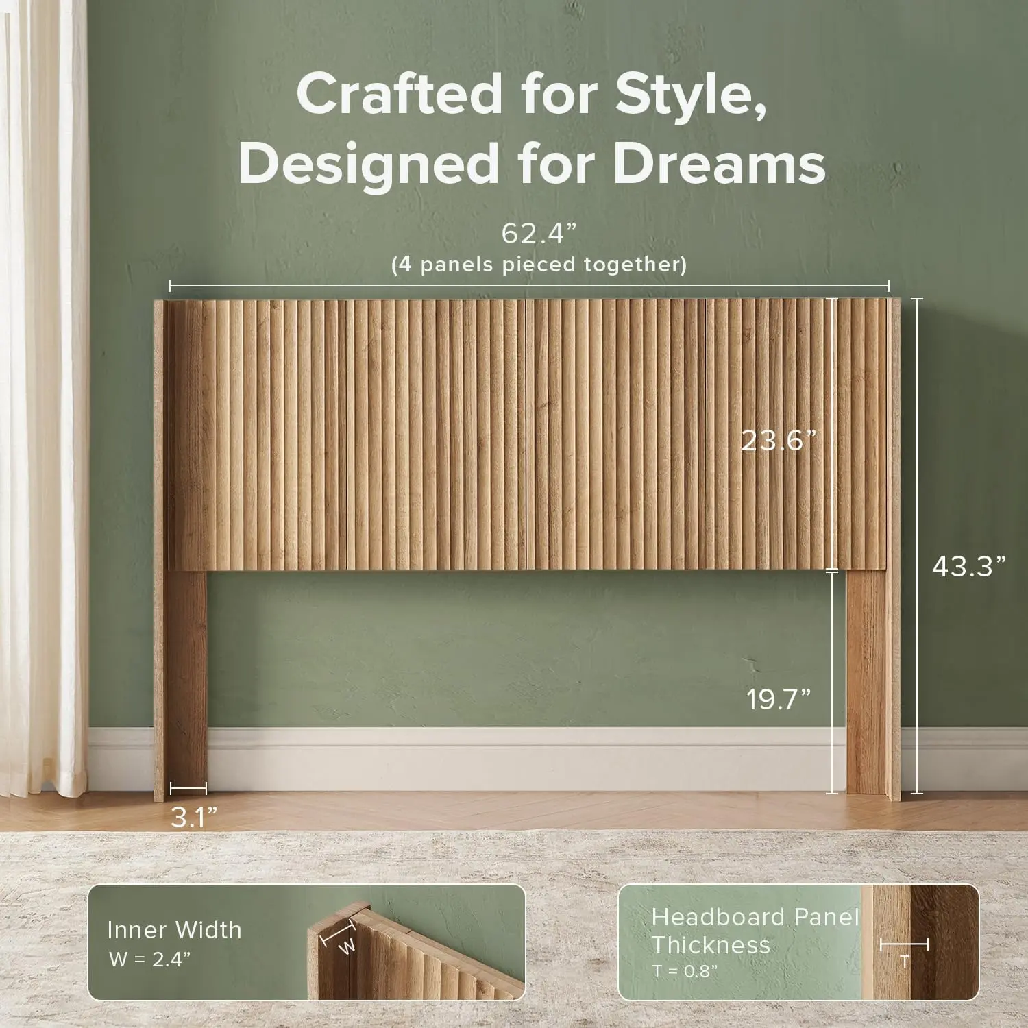 mopio Brooklyn 62.4" Headboard Only, Wood Headboard, Modern Farmhouse, Boho, Wall Mount, Fluted Panel, Wingback Design (Golden Oak, Queen)