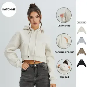KatchMe Women's Minimalist Solid Color Hooded Long Sleeve Crop Hoodie, Slouchy Kangaroo Pocket Outerwear, Soft Sweatshirts Outfits, Casual Womenswear