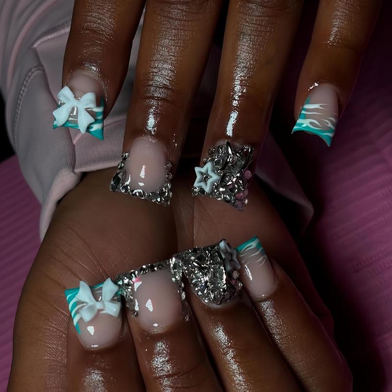 Bow Decor Fake Nails with Nail File & Tape, 24pcs Duckbill Shaped False Nails for Women & Girls DIY Nail Art, Effortless Pressed on Nails Manicure Set, Acrylic Nails, Icy Blue, Rhinestone Bow Decorated