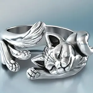 Cute lazy cat ring, suitable for cat lovers, fashionable new alloy cute kitten opening ring, three-dimensional creative men's and women's cat rings, perfect gift creativity