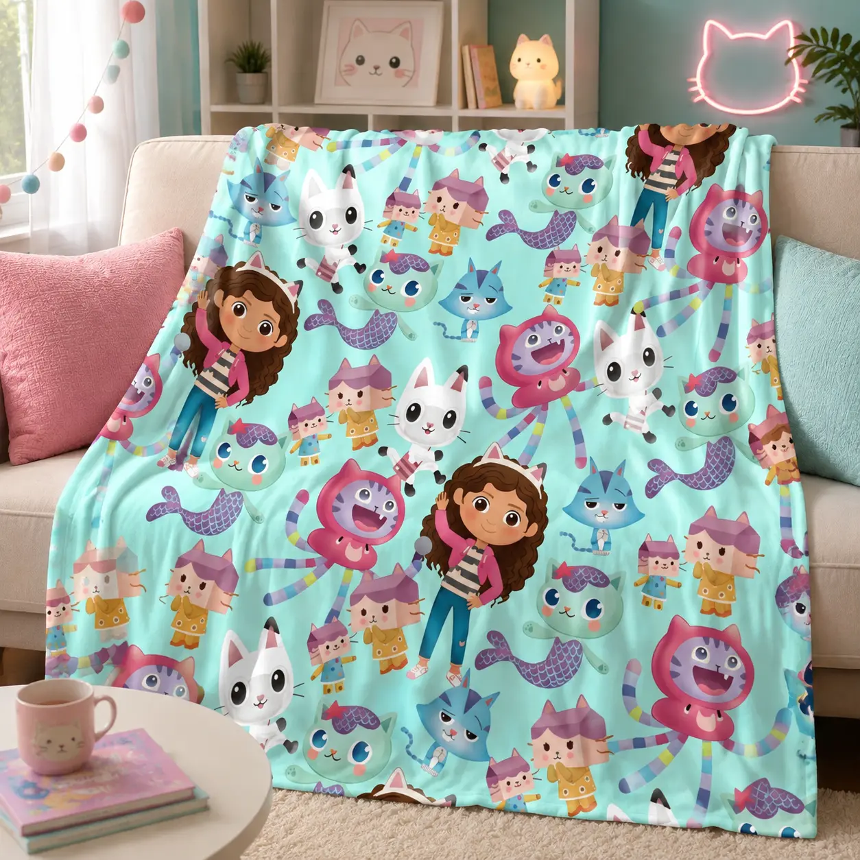 Gabby’s Dollhouse Cartoon Blanket Cute Cat Rainbow Throw Blanket Kids Adults Cozy Blanket for Bedroom Sofa Travel Movie Night Home Decor Gift Idea TikTok Trending Blanket Character Design Aesthetic Room Decor Holiday Birthday Present Multi Size Blanket