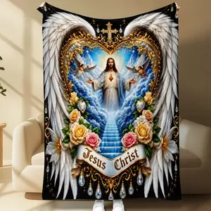 Jesus Christ Angel Wings Flannel Blanket, soft black plush throw blanket with heavenly cross, rose stairway graphic print, cozy Christian faith blanket for sofa, bed, nap, travel gift