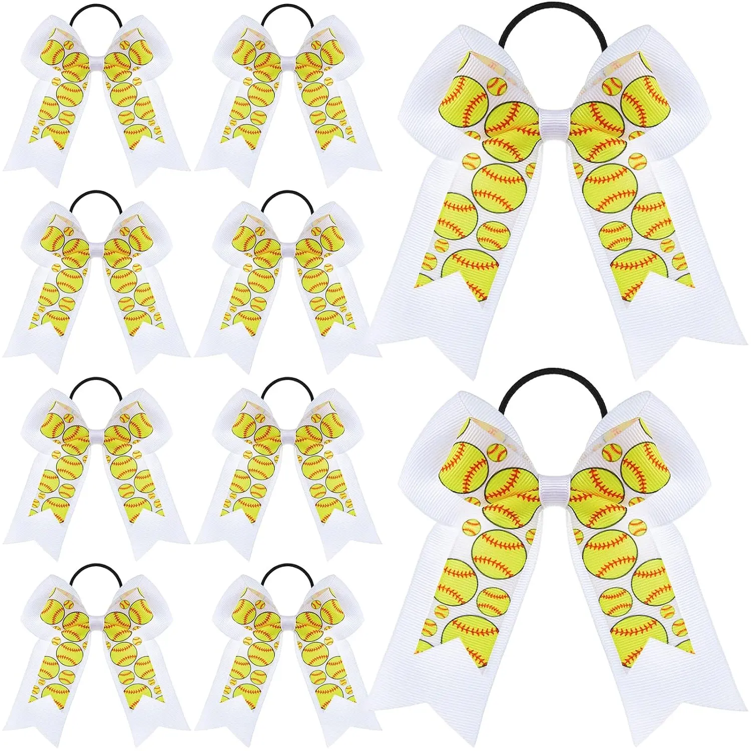 10 Pack Softball Print Hair Bows, Double Layer Cheer Ribbon Hair Ties for Women Girls, Elastic Sports Ponytail Holder, Ponytail Hairstyle, Hair Rubber Bands