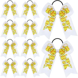 10 count Softball Hair Bows Double Layers Cheer Hair Bows White Ribbon Accessories Softball Scrunchies Ponytail Holder Elastic Band for Women Girls Cheerleading Player