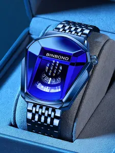 Luxury Men's Watch, Stainless Steel Quartz Wristwatch, Analog Clock, Blue Dial, Rectangle Face, Casual Style, Motorcycle Concept, Button Cell Battery