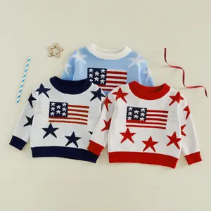 Imcute Kids Baby Girl Boy 4th of July Sweater American Flag Star Long Sleeve Crewneck Pullover Knit Tops for Toddler Baby Patriotic Clothes