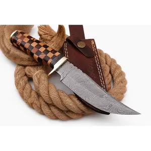 Hand Forged Damascus Steel Fixed Blade Knife – 9” Wood Handle with Brass Bolster (Full Tang)