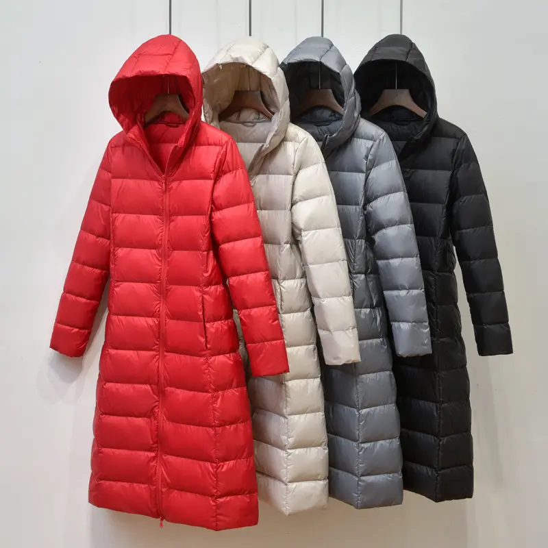 2024 new autumn and winter down jacket women's thin hooded long over-the-knee large size slim white duck down jacket trendy
