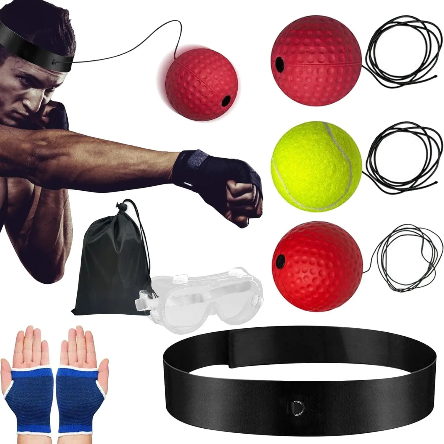Unisex Boxing Reflex Ball Set with Adjustable Headband, Goggles & Hand Wraps - Reaction Training Equipment for Accuracy & Hand-Eye Coordination, Boxing Training Equipment, Reaction Ball, Boxers, Training Balls