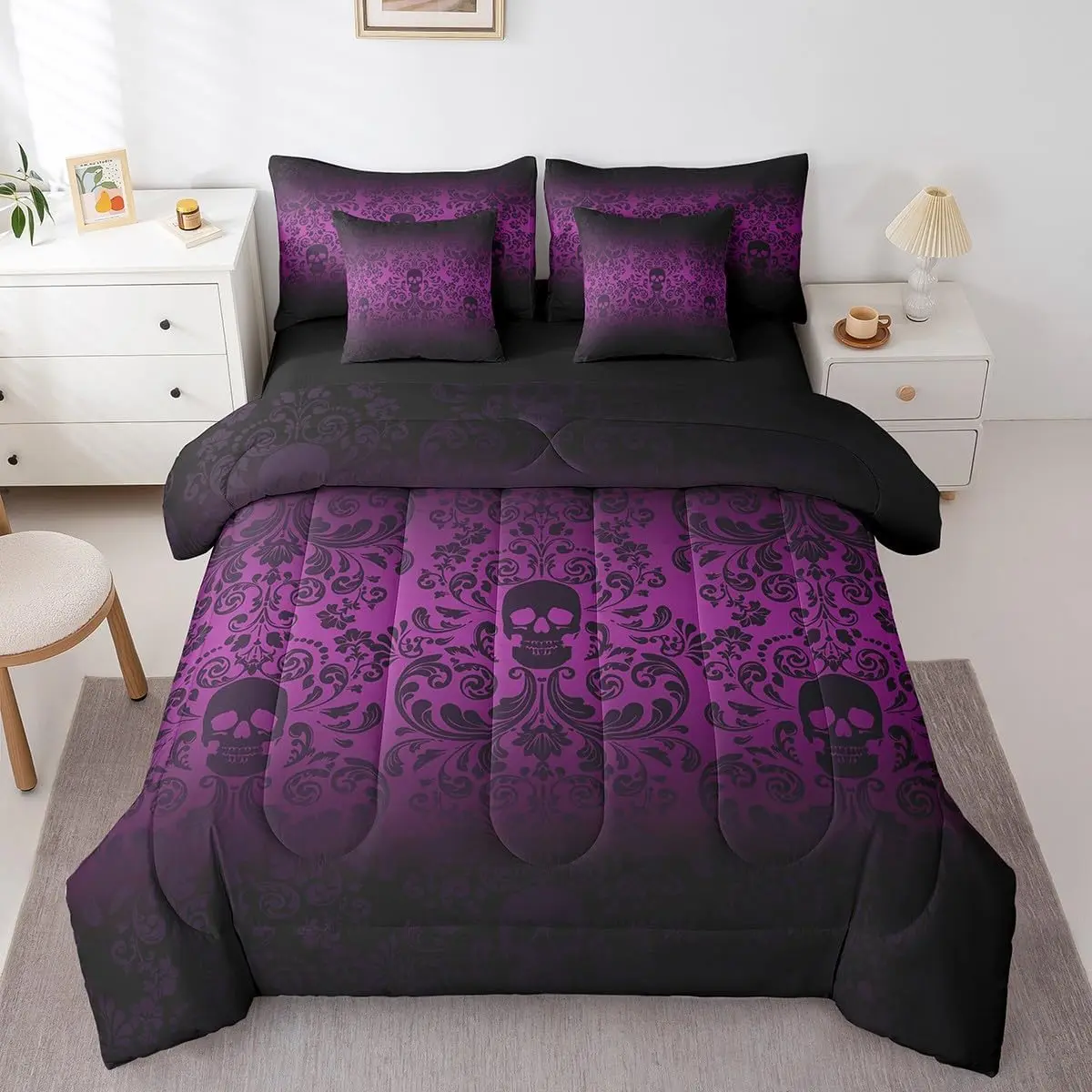 Feelyou 7-Piece Ultra-Soft Breathable Microfiber Damask Gothic Beddingset - Queen, Full, King Sizes Bed-in-a-Bag with Adult Antique Victorian Comforter, Lilac Purple Sugar Skull Sheets, Bedspread Set, Beddingsets