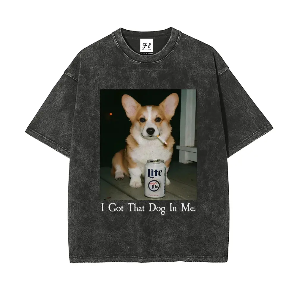 Men's Oversized Retro Soft Short-Sleeve Streetwear Unisex Vintage Washed T-Shirt - Corgi Graphic, "I Have a Dog in My Soul" Funny Dog Lover Top