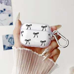 Black Bow Pattern TPU Soft Protective Case for Apple AirPods 4/3/2/1/Pro/Pro2 Transparent Earphone Cover with Keychain Attachment