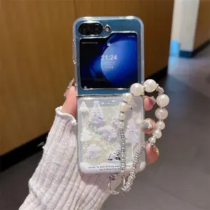 Love heart Liquid Quicksand Tree Clear TPU Phone shell For Samsung Galaxy S22 S23 S24 S25 Plus Z Flip 6 5 4 3 Pearl Chain Case