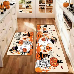 Set of 2 Halloween Pumpkin Ghost Bat Kitchen Rug , Washable Non-Slip Low Profile Floor Mats, Home Decor for Kitchen Laundry Room Hallway
