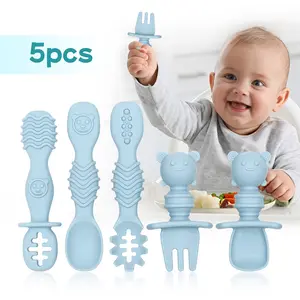5-Piece Silicone Baby Spoon & Fork Feeding Set, Anti-Choking, First Stage Self-Feeding Utensils, Cutlery Utensil Sets, Suitable for Babies over 3 Months