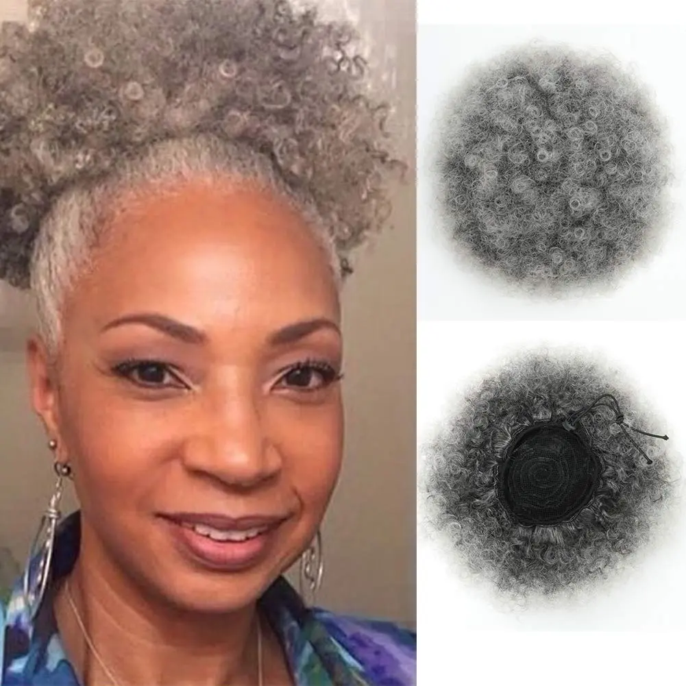 Afro Puff Drawstring Ponytail For Black Women High Puff Drawstring Short Bun For  , Afro Kinky Curly Ponytail pieces With Clip In Color Smoky Gray
