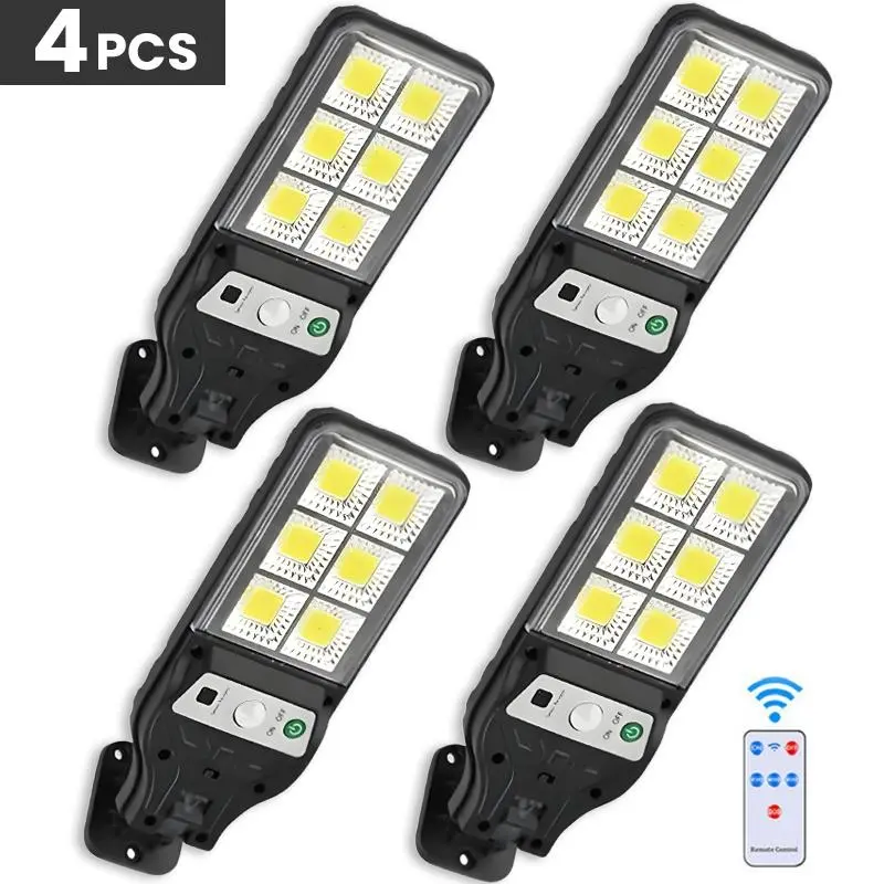 4 Pack Solar Powered Outdoor Street Lights, Dusk to Dawn Auto On/Off Flood Light with Remote Control, 3 Adjustable Lighting Modes, 60° Rotatable Bracket, IP65 Waterproof Solar Flood Lights for Yard, Porch, Garage, Patio
