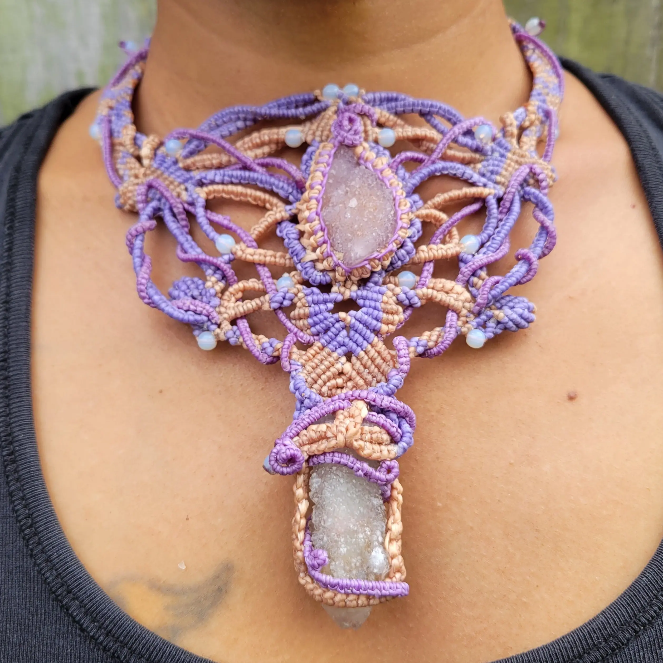 Psychedelic Double Druzy Quartz Choker Macramé Necklace Purple & Beige
