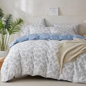 3 Pieces Soft Floral King Comforter Set Chic Crinkle Gauze Garden Style Blue Floral Print Botanical Flower for All Seasons Luxury Warm Comfy Breathable with 2 Pillowcases