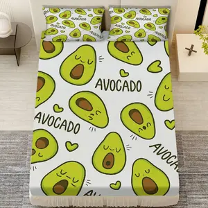 3Pcs Cute Sleeping Avocado Fitted sheet Three Piece Set (1*Fitted Sheet+2*Pillowcases, Coreless), Summer theme, Avocado Decor Bedding Set, Mattress protector Soft, Breathable