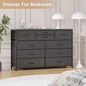 【Christmas Gift】TV Stand Dresser With 10 Fabric Drawers Entertainment Center Media Console Wood Top Ample Storage Anti Tip Safety Adjustable Feet For TVs Up To 55 Inches 47 Point2 Inch Wide Black