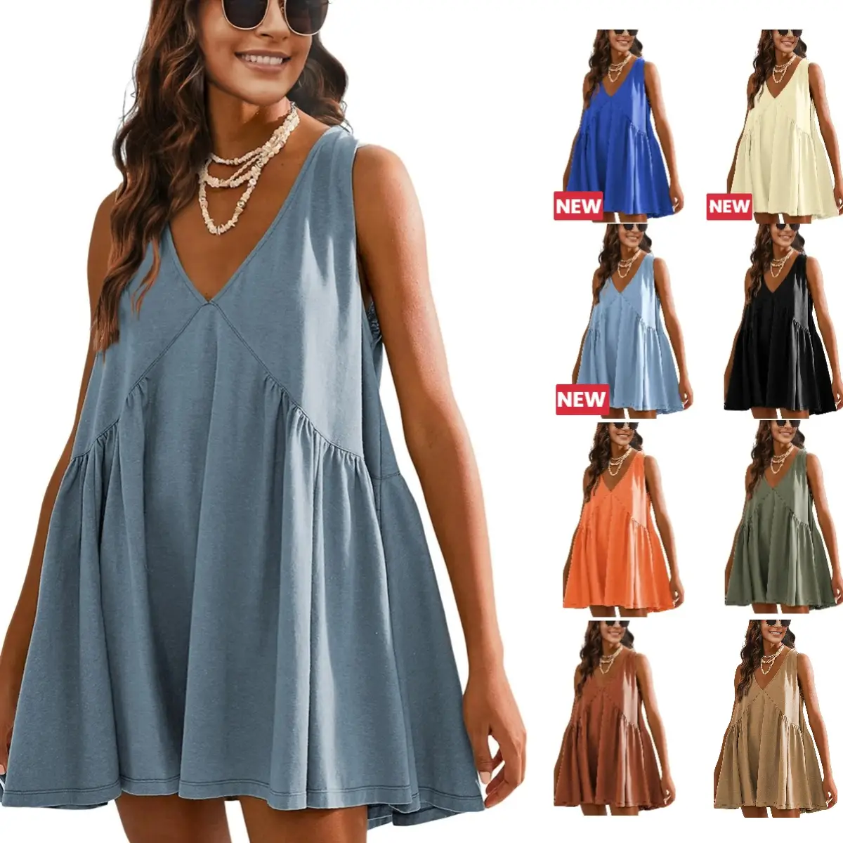 Tanming Women's FallFreshness Sleeveless Mini Dress Casual Loose V Neck Sundress with Pockets