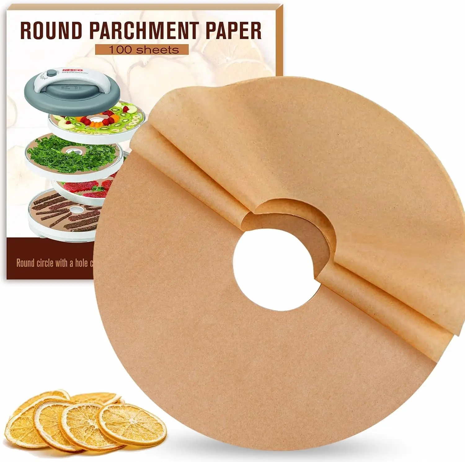 100pcs Round Silicone Parchment Paper Dehydrator Sheets with Hole, Disposable Oven Bakeware Tray Liners Compatible with Nesco Dehydrators for Chips, Fruit, Herbs