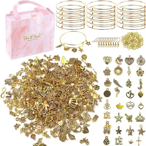 Alloy DIY Bracelet Set, 171pcs/set Jewelry Making Kit, Jewelry Making Supplies, Art Charms, DIY Jewelry Accessories, Including 10 Blank Bracelets, 40 Random Pendants,100 Open Rings, 20 Ear Hooks, and 1 Gift Box