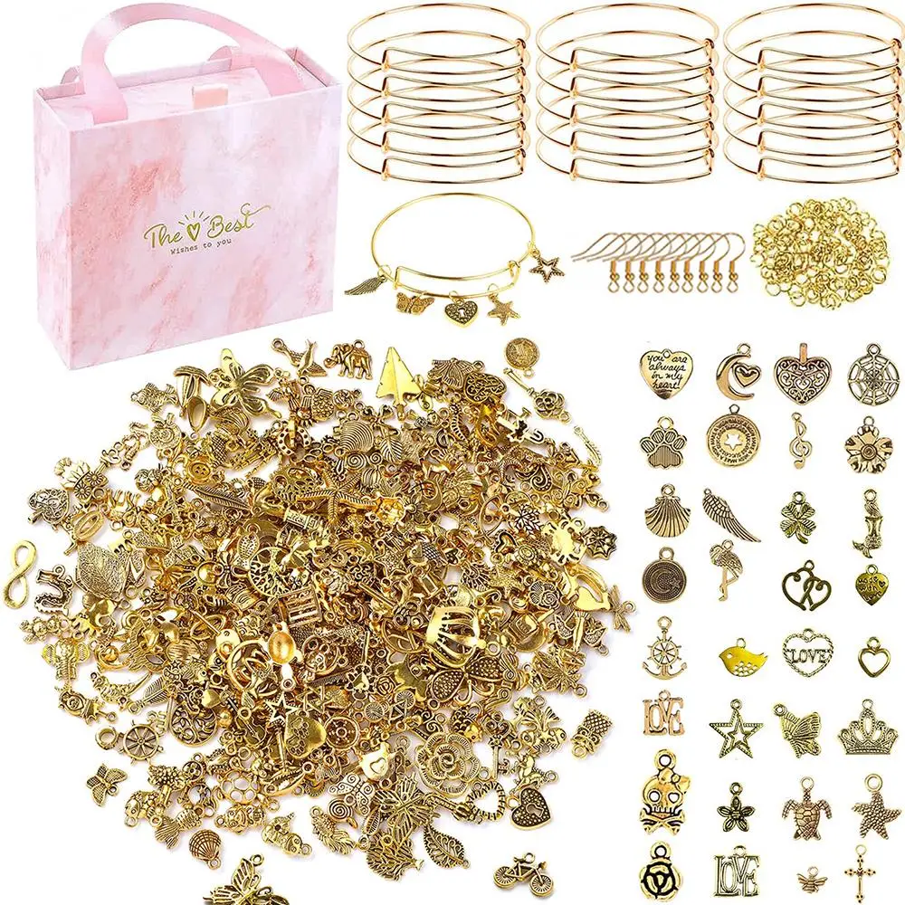 Alloy DIY Bracelet Set, 171pcs/set Jewelry Making Kit, Including 10 Blank Bracelets, 40 Random Pendants,100 Open Rings, 20 Ear Hooks, and 1 Gift Box