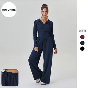 Katch Me Women's Leisure Hooded Zipper Stretch Long Sleeve Top & Wide Leg Trousers Co-ord, Lightweight Solid Color Two Piece Outfits