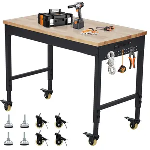 72" x 25" Adjustable Workbench 2000 Lbs Capacity, Rubber Wood Table Heavy Duty Workstation with Hardwood Top, Power Outlets, Metal Frame, Swivel Casters, Garage Table for Workshop Office Home