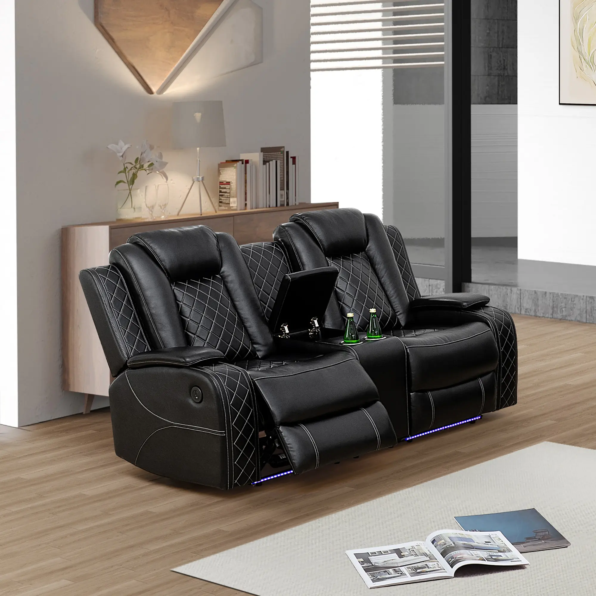 Black Leather Recliner Sectional Loveseat Couch Chaise Lounge - Indoor Furniture Chairs, Breathable Leather, LED Lights, Convenient Storage Console, Adjustable Seats, Sleek Design for Modern Living Room, Comfortable Lounging, Warm and Inviting Ambiance Le