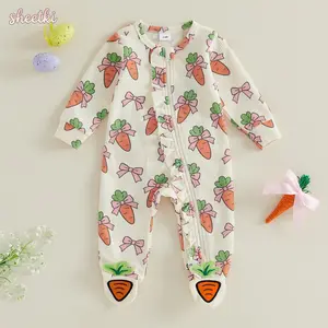 Baby Girl Easter Romper Carrot Bow Long Sleeve Ruffle Trim Zip-up Footed Jumpsuit Adorable Spring Clothes
