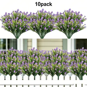 10 Bundles Artificial Flowers for Outdoors Decoration, Faux Plants Fake Silk Colorful Daisy Eucalyptus Lavender, UV Resistant for Outside Home Porch Patio Indoor Spring Decor, purple