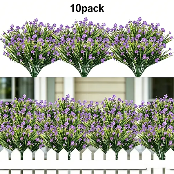 10 Bundles Artificial Flowers for Outdoors Decoration, Faux Plants Fake Silk Colorful Daisy Eucalyptus Lavender, UV Resistant for Outside Home Porch Patio Indoor Spring Decor, purple