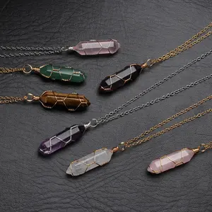 Hexagonal Natural Stone Pendant Necklace for Women Men Wire Wrap Bullet Crystal Necklace Amethyst Pink Quartz Fashion Jewelry NONE