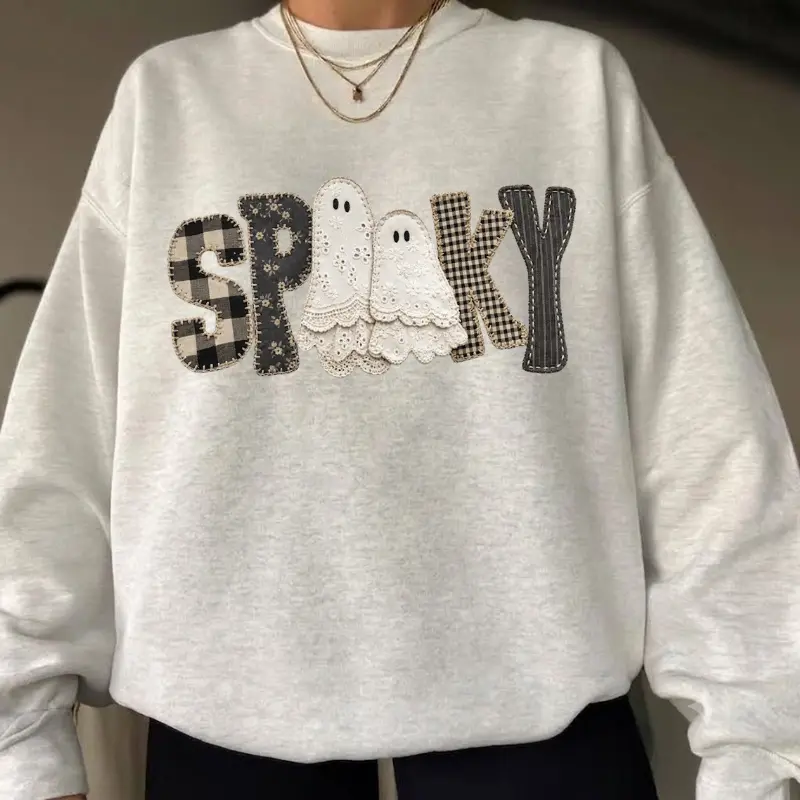 [PRINT NOT EMBROIRERD] Gildan Patchwork Gingham Spooky Ghost Sweatshirt, Halloween Sublimation Sweatshirt, Lace Ghost Shirt Graphic, Vintage Halloween , Gift For Her