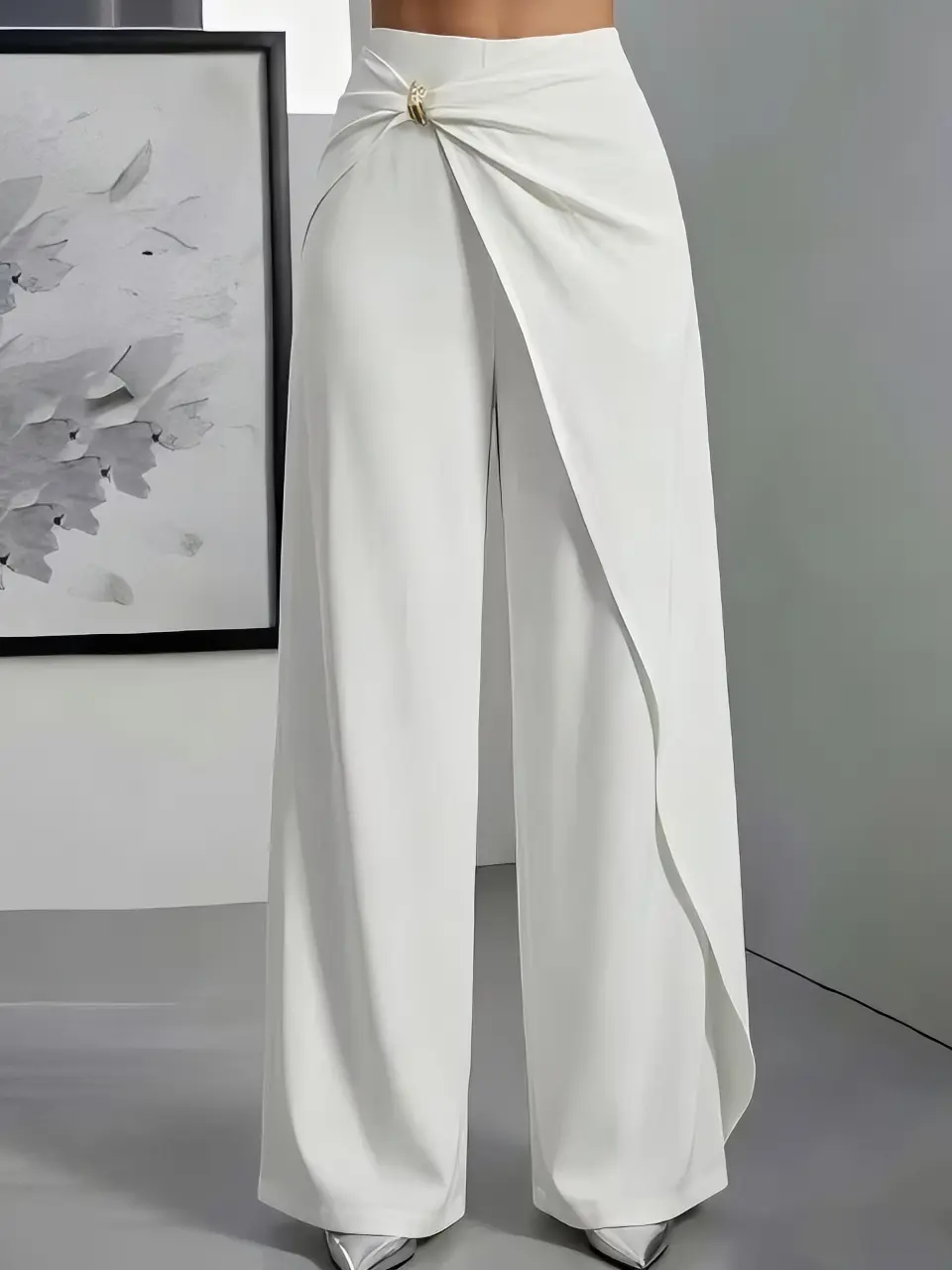 Women  High Waist Twisted Wrap Overlay Wide Leg Pants Gold Buckle Draped Flowy Palazzo Trousers Elegant Formal Dressy Pants