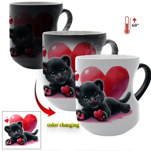 Love at First Sip: Cute Black Panther Heart Mug - Perfect for Valentines Day or Any Occasion! Thermosensitive Ceramic Mug, Magic Color - Changing mug Heart - Handle Mug, Coffee Mug, 11 oz/330 ml, Christmas gift for friends, lovers and mothers