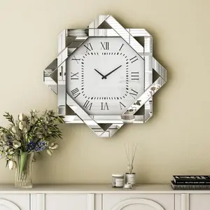 Large Mirror Wall Clock – 23.62” Silver Clock with Roman Numerals, Elegant Beveled Glass Frame Art Deco for Living Room