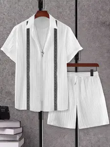 Men's Summer 2-Piece Set, Textured Button-Up Short Sleeve Shirt & Drawstring Shorts, Casual Fashion, Beach Vacation Wear