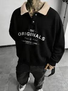 Men's Autumn Winter Letter Print Half Button Fleece Warm Long Sleeve Fitted Polo Neck Sweatshirt, Casual Cozy Sweatshirt, Casual Versatile Pullover Top, Comfortable & Stylish, Classic