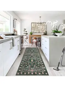 【Christmas Gift】Green-2*6 feet Retro Mottled Flowers Area Rug Boho Design Non-Shedding Easy Care Ideal For High Traffic Areas In Living Room Bedroom Office Coffee Table Kitchen Large Carpet