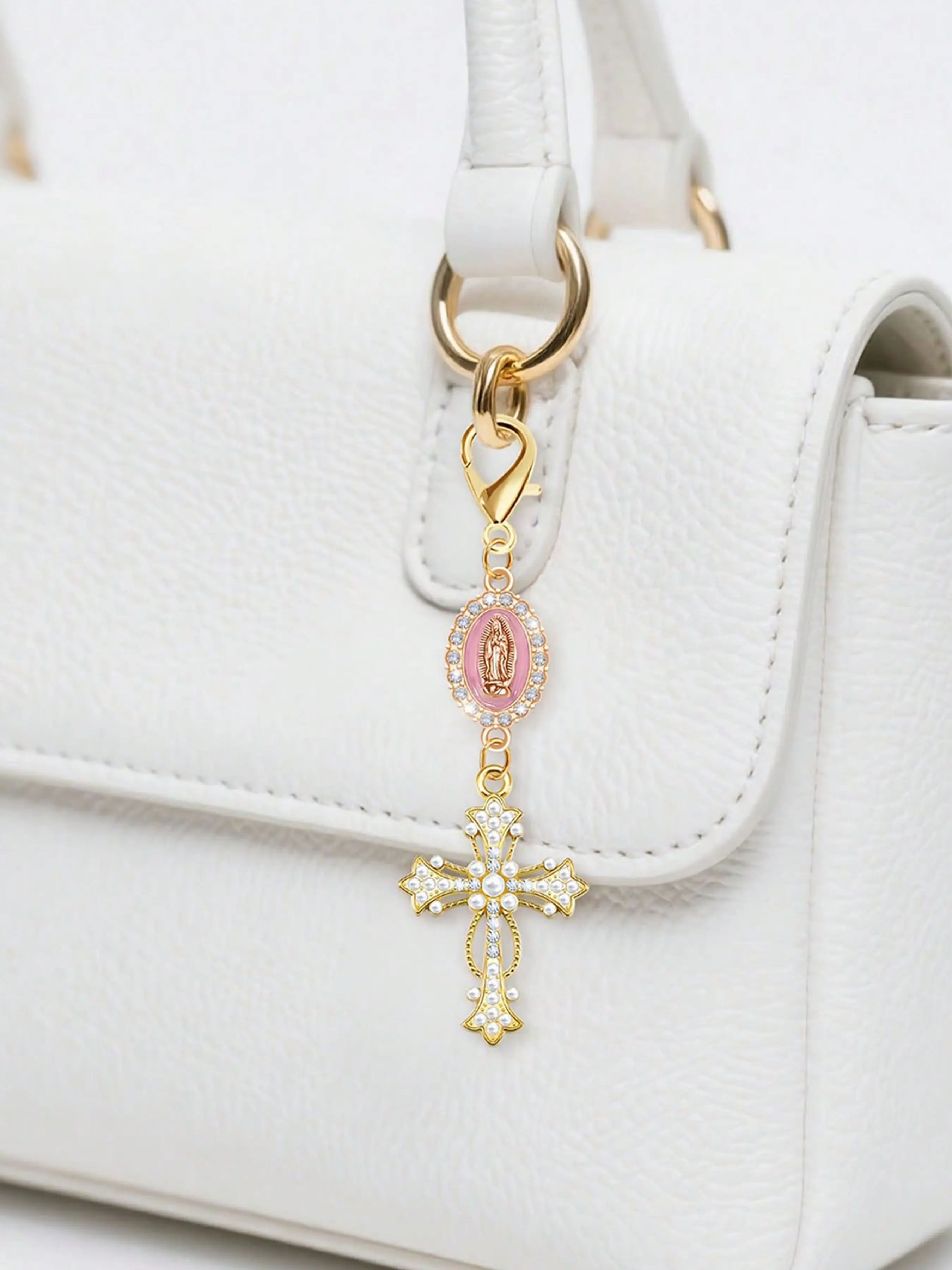 Christian Charm Keychain with Religious Cross, Pearl and Diamond Amulet, Versatile Backpack Accessory, Handbag Charms, Bag Charms for Handbags, Ideal Gift for Women