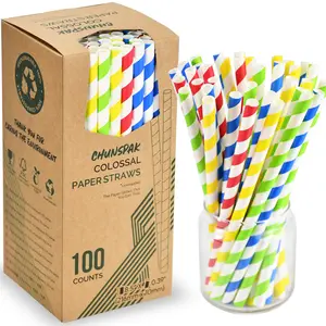 [10mm Wide] 8.5 inch Colossal Paper Straws for Smoothie & Milkshake - Colorful Stripes (Pack of 100)