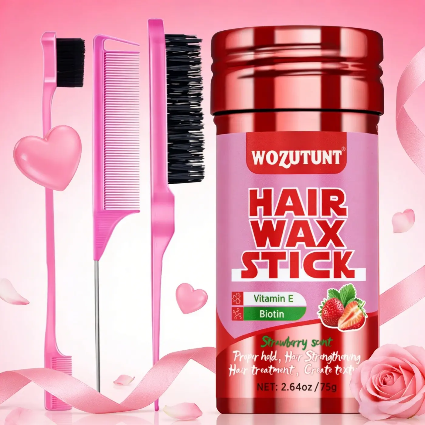 4pcs/5pcs Strawberry scent Hair Wax Stick Set, infused with Vitamin E and Biotin. Suitable for all hair types. Provides long-lasting hold, non-greasy and non-sticky, tames frizzy hair, Smooth. Comes with comb and brush tools