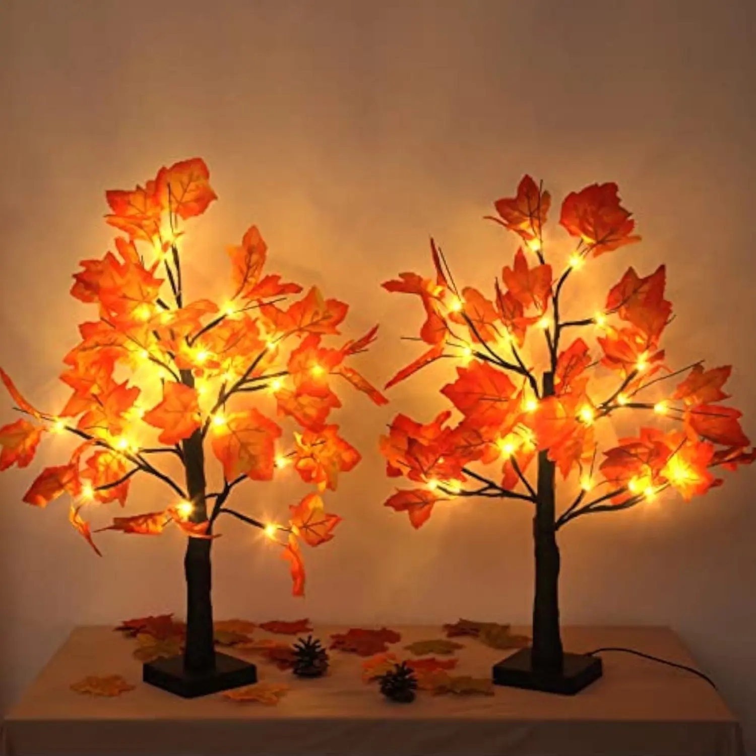 1pc 24" LED Light-Up Maple Tree with 24 Warm White Lights - Battery or USB Powered, Autumn Harvest Tabletop Decor for Thanksgiving, Halloween, and Christmas - Realistic Orange to Red Fall Leaves, Party Holiday Decorations, Fall Decorations for Home