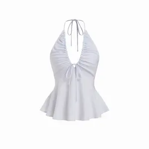 Cider Cotton-blend Striped Halter Neckline Drawstring Peplum Hem Top SummerWins Dealsforyou