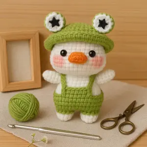Crochet Duck Keychain Handmade Amigurumi Frog Hat Plush Cotton Material Adorable Design